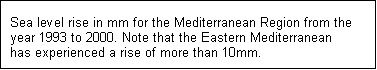 Text Box: Sea level rise in mm for the Mediterranean Region from the year 1993 to 2000. Note that the Eastern Mediterranean has experienced a rise of more than 10mm.