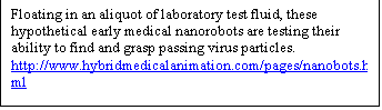 Text Box: Floating in an aliquot of laboratory test fluid, these hypothetical early medical nanorobots are testing their ability to find and grasp passing virus particles.
http://www.hybridmedicalanimation.com/pages/nanobots.html


